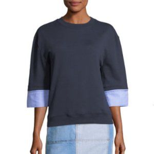 Derek Lam 10 Crosby Crewneck Half-Sleeve Shirting Cuffs Cotton Sweatshirt Navy L